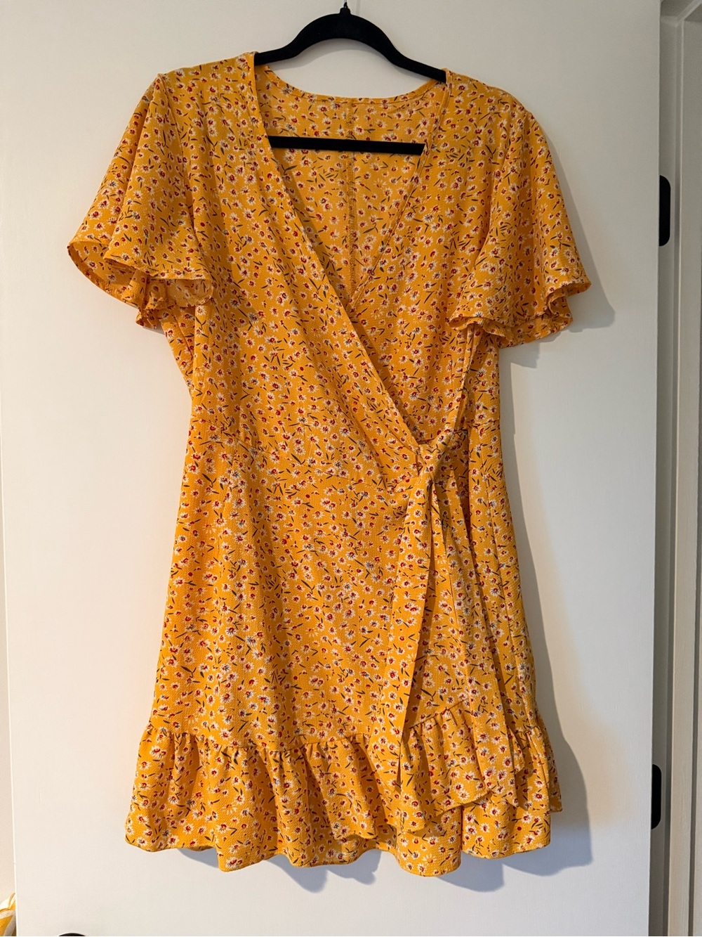 Yellow Floral Wrap Mini Dress